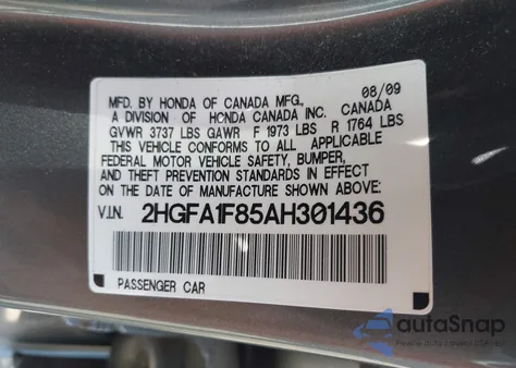 2010 Honda Civic Ex z USA, uszkodzony, nr VIN 2HGFA1F85AH301436